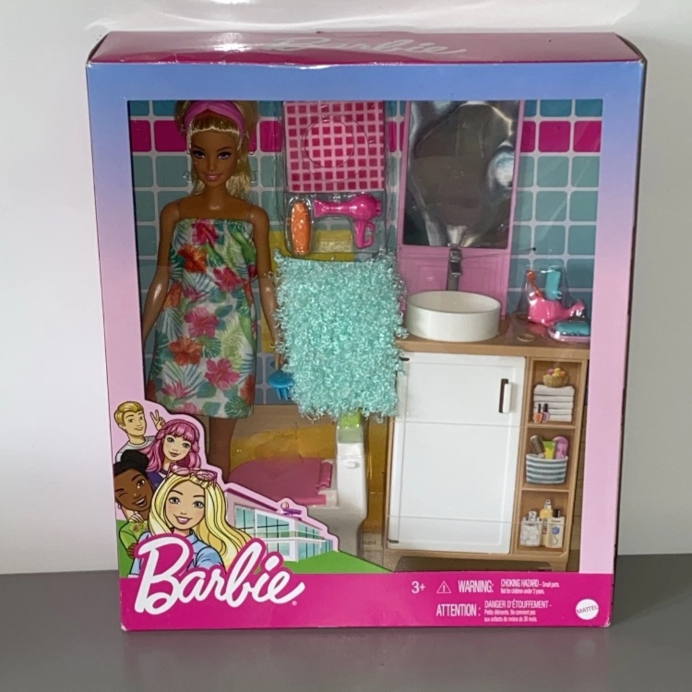 Barbie Doll with Colorful Floral Dress and Bathroom Set-HTF